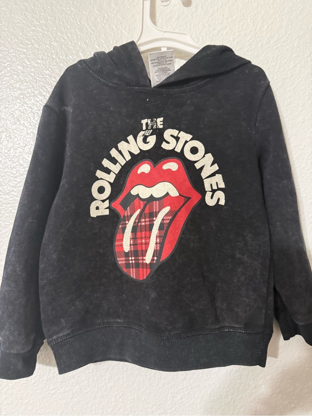the Rolling Stones Black Hoodie with Red Plaid Tongue Graphic
